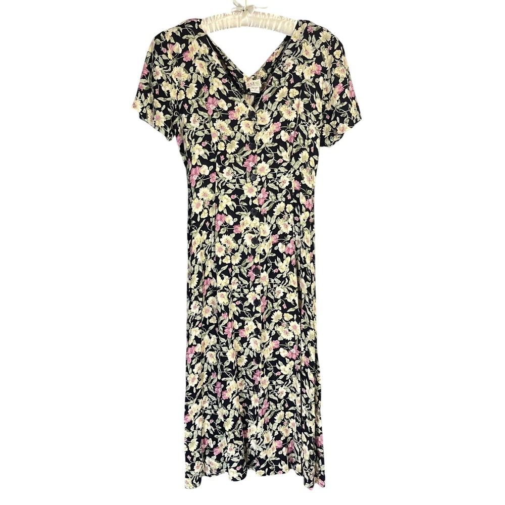 Vintage 90s Style My Way Floral Button Front Midi Dress 7‎ Flowy Cottage Grunge